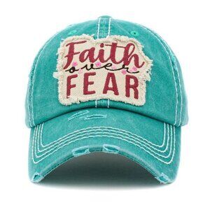 Womens Faith Over Fear Vintage Ballcap Baseball Cap Hat in Distressed Aqua Blue